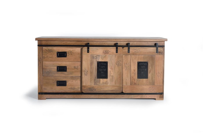 GINER Y COLOMER Buffet de style industriel en bois massif d'acacia et métal, 2 portes coulissantes, 2 tiroirs, couleur naturel, 80 x 165 x 45 cm